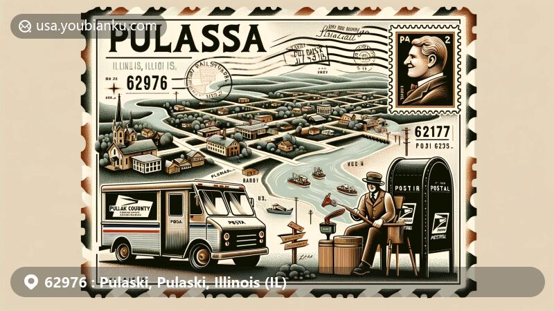 Modern illustration of Pulaski, Illinois, highlighting postal theme with map outlines of Pulaski village and Pulaski County, emphasizing connection to the Ohio River and cultural background of 'Little Egypt.' Features vintage American mailbox, postal van, and postage stamp with Casimir Pulaski's portrait, representing mail delivery theme and historical significance.
