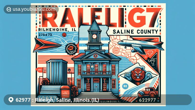 Modern illustration of Raleigh, Saline County, Illinois, capturing the town's historical significance as the former county seat with a landlocked geographical feature. Features include the historical courthouse, a stylized map outline of Saline County, and postal elements like airmail envelope and postmark with ZIP code 62977.