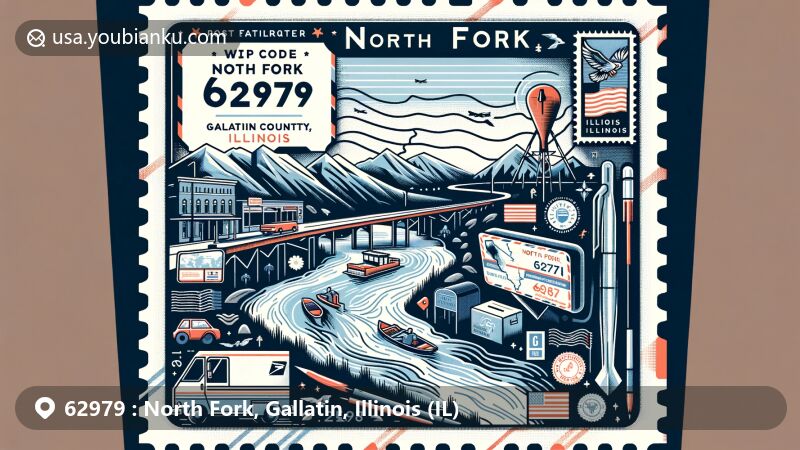 Modern illustration of North Fork, Gallatin County, Illinois, highlighting postal theme with ZIP code 62979, featuring North Fork Saline River, Illinois Route 1, and Gallatin County outline.