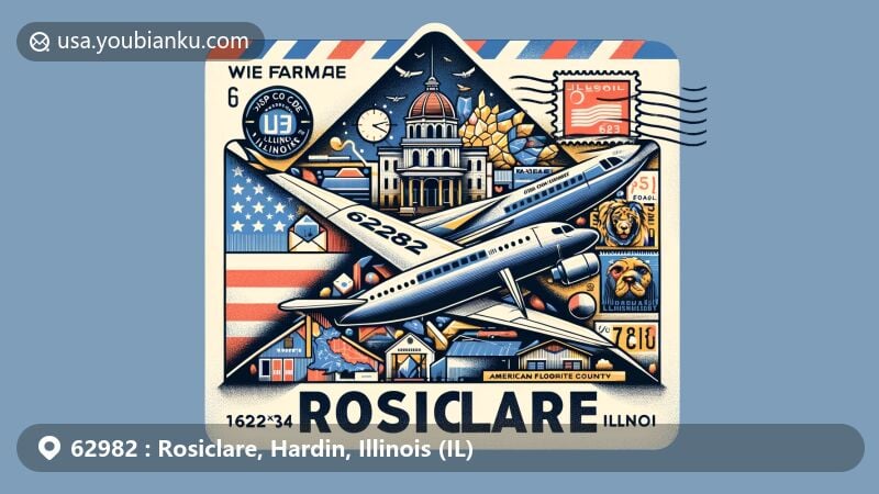 Creative illustration representing Rosiclare, Hardin County, Illinois, ZIP code 62982, featuring air mail envelope, Illinois state flag, Hardin County outline, and The American Fluorite Museum.