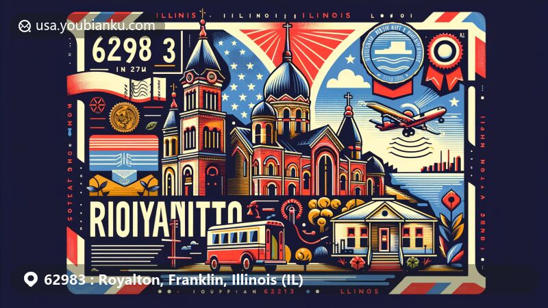 Modern illustration of Royalton, Franklin County, Illinois, featuring Protection of the Holy Virgin Mary Orthodox Church and local landmarks, showcasing cultural heritage and geographical characteristics.