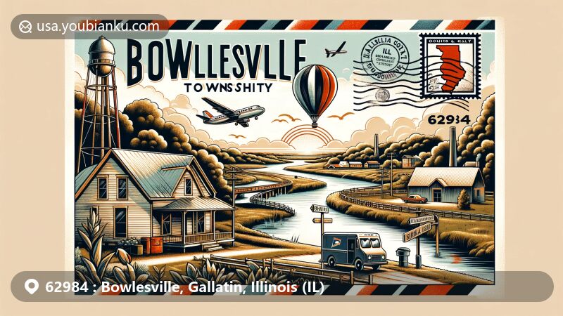 Modern illustration of Bowlesville Township, Gallatin County, Illinois, featuring a wide-format postcard or air mail envelope design with postal symbols and ZIP code 62984, highlighting the picturesque landscapes, rivers, and rural essence of the area.