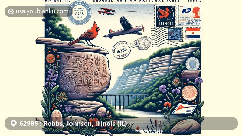 Modern illustration of Millstone Bluff in Shawnee National Forest, Illinois, depicting prehistoric Native American community, petroglyphs, and iconic Illinois symbols like state flag, cardinal, and violet, combined with postal elements including airmail envelope and ZIP Code 62985.
