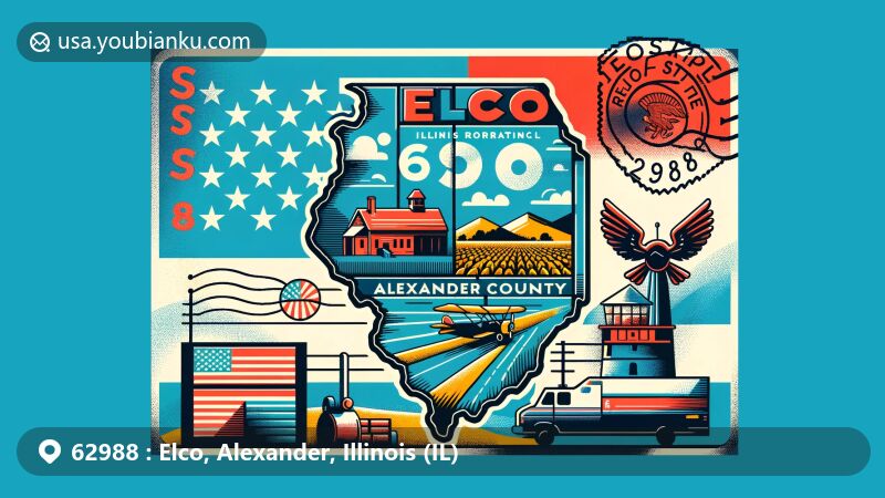 Modern illustration of Elco and Tamms, Alexander County, IL, featuring Illinois state flag backdrop, highlighted areas, and postal elements like vintage air mail envelope and postmark.