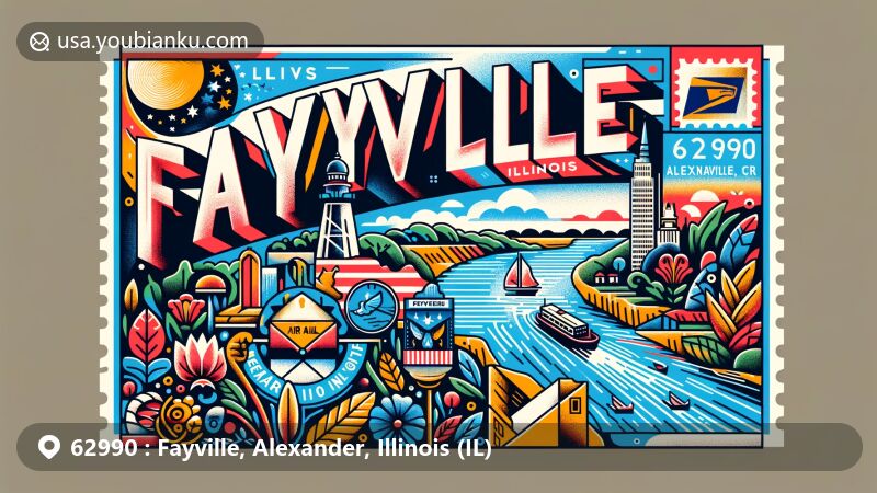 Modern illustration of Fayville, Alexander County, Illinois, showcasing postal theme with ZIP code 62990, featuring a stylized airmail envelope adorned with state symbols and local flora/fauna, alongside a postmark stamp and map of Alexander County.