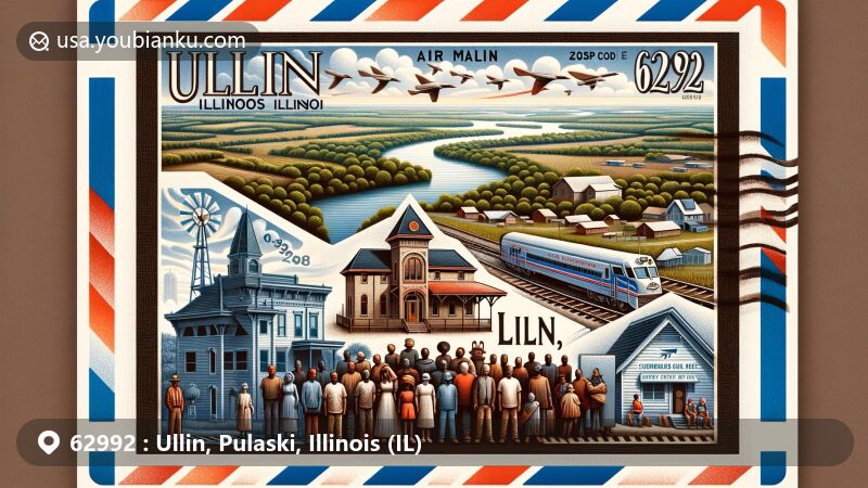 Modern illustration of Ullin, Illinois, highlighting ZIP code 62992, with lush landscapes of Cache River and Cypress Creek National Wildlife Refuge, featuring air mail envelope with postal stamp of Illinois Central Railroad Depot and diverse community figurines.