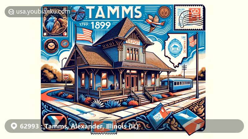 Modern illustration of Tamms, Illinois, with ZIP Code 62993, showcasing the historic 1899 Depot and creative postal theme, featuring postcard or air mail envelope design with stamps, postmark, and the ZIP Code, incorporating the geographic outline of Alexander County in the background.