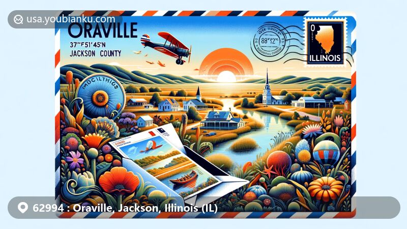 Modern illustration of Oraville, Jackson County, Illinois, featuring postal theme with ZIP code 62994, incorporating vibrant postcard, Illinois state symbols, and postal elements.