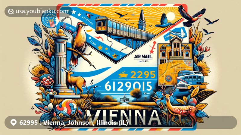 Modern illustration of Vienna, Illinois, showcasing postal theme with ZIP code 62995, featuring Tunnel Hill State Trail, Johnson County Courthouse, Heron Pond - Little Black Slough Nature Preserve, local wildlife, Illinois state flag, and Johnson County map outline.
