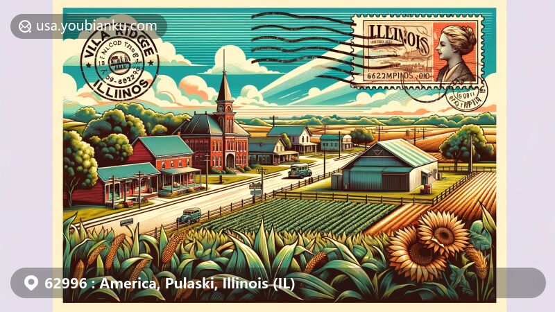 Modern illustration of Villa Ridge, Illinois, displaying a vintage postcard theme with ZIP code 62996, incorporating iconic landmarks and rural landscapes of southern Illinois.