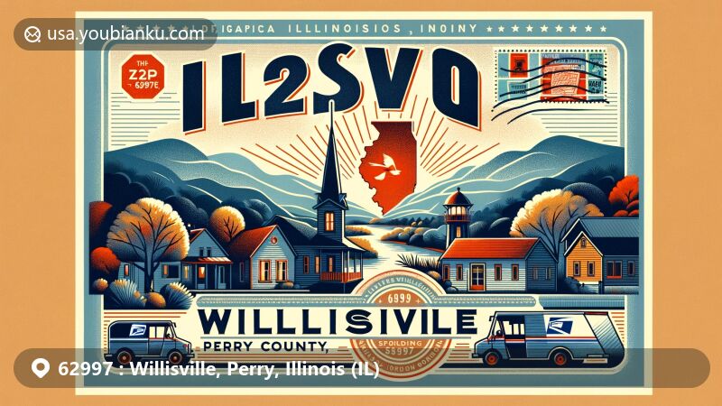 Modern illustration of Willisville, Perry County, Illinois, showcasing postal theme with ZIP code 62997, incorporating regional elements, vintage postcard overlay, postal stamps, and a postal truck.
