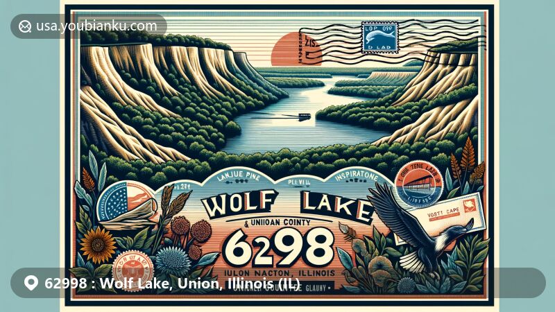 Modern illustration of Wolf Lake, Union County, Illinois, showcasing ZIP code 62998, featuring LaRue Pine Hills & Inspiration Point in Shawnee National Forest.