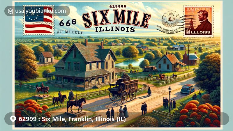 Modern illustration of Six Mile, Illinois, showcasing the rural landscape of Six Mile Township in Franklin County with rolling hills and vibrant greenery, featuring the historic Emmert-Zippel House, Civil War artifacts, vintage postcard layout with '62999 Six Mile, IL', and Illinois state flag stamp.