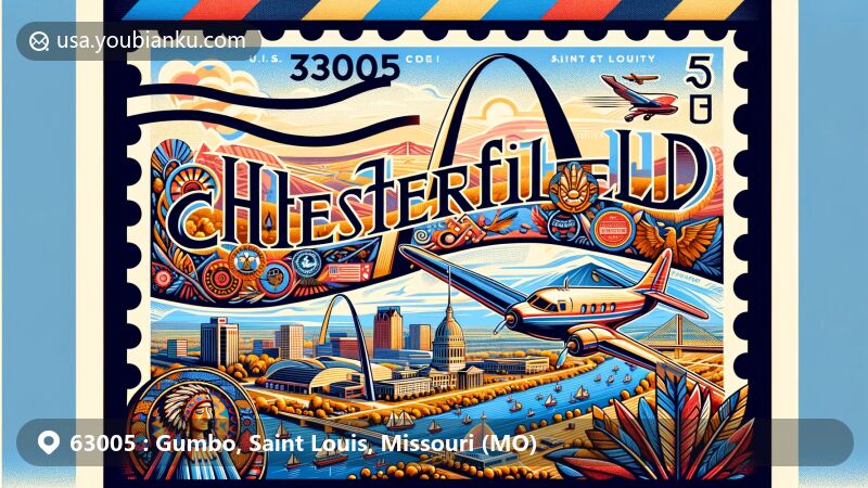 Modern illustration of Chesterfield, Saint Louis County, Missouri, featuring postal theme with ZIP code 63005, showcasing the Missouri River, native American carvings, and the Chesterfield Valley's commercial development.