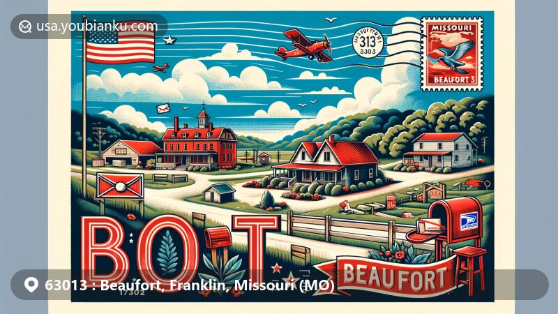 Modern illustration of Beaufort, Franklin County, Missouri, featuring a vintage-style airmail envelope with ZIP code 63013, Missouri state flag stamp, postmark, and classic red mailbox, set against a backdrop of Beaufort's small-town charm and the Missouri landscape.