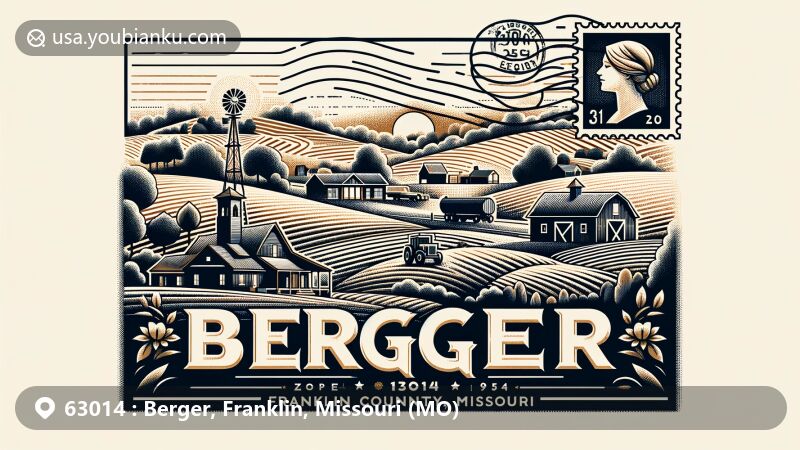 Modern illustration of Berger, Franklin County, Missouri, showcasing rural scenery and small-town allure, featuring state silhouette and Missouri River, with Berger name and ZIP code 63014 in postage stamp design.