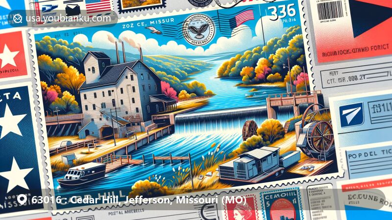 Modern illustration of Cedar Hill, Missouri, representing ZIP code 63016, with a blend of postal and regional characteristics, showcasing natural beauty like Big River, trees, old mill and dam, Missouri state flag, stamps of local landmarks, postal truck, and traditional mailbox.