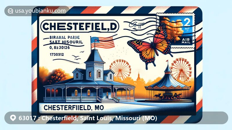 Modern illustration of Chesterfield, Missouri, with airmail theme featuring Butterfly House from Faust Park, Faust Historical Village, and St. Louis Carousel silhouettes. Includes Missouri state flag postage stamp and Chesterfield, MO 63017 text.