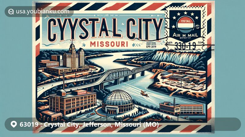 Modern illustration of Crystal City, Jefferson County, Missouri, depicting a postal theme with ZIP code 63019, featuring the Mississippi River and Crystal City Underground.