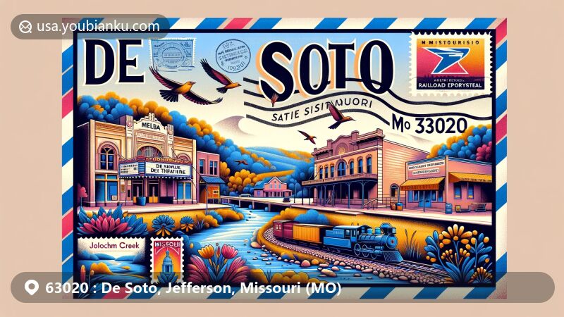 Modern illustration of De Soto, Missouri, ZIP code 63020, featuring Melba Theatre, Railroad Employees Memorial, and Joachim Creek, with a postal theme highlighting 'De Soto, MO 63020' and Missouri's state symbols.
