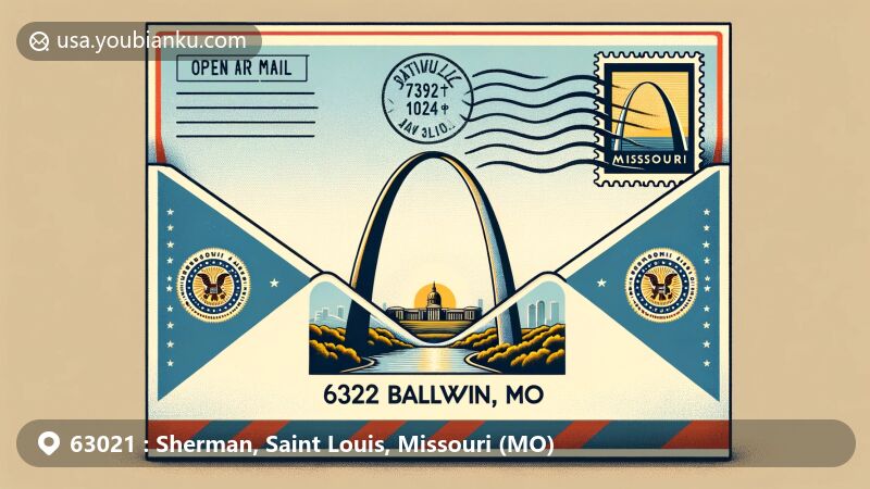 Modern illustration of a mail envelope with Missouri state flag and Gateway Arch, featuring postal theme and regional landscape.