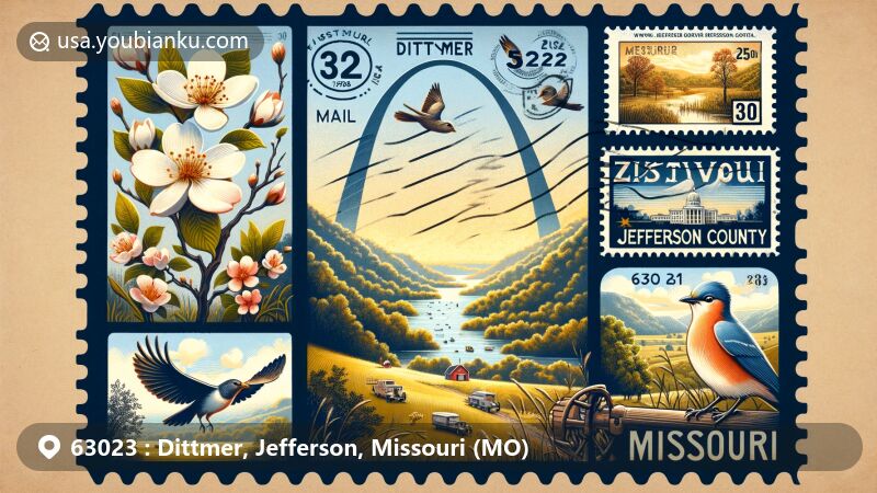 Modern illustration of Dittmer area, Jefferson County, Missouri, integrating natural landscape with state symbols like flowering dogwood, white hawthorn blossom, and eastern bluebird, featuring stylized Gateway Arch. Includes rural charm of Dittmer with rolling hills and forests, and vintage air mail envelope with ZIP code 63023, showcasing postal theme.