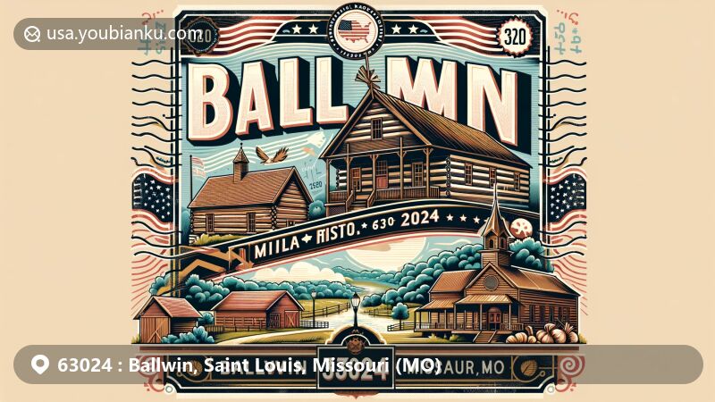 Modern illustration of Ballwin, Missouri, highlighting notable landmarks and postal elements for ZIP code 63024, featuring Bacon Log Cabin, Barn at Lucerne, and local parks.