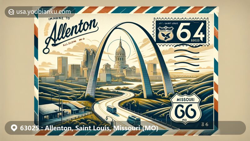 Creative illustration of Allenton, Saint Louis, Missouri, ZIP code 63025, featuring the iconic Gateway Arch, Route 66, and postal elements in a vintage air mail envelope with a Missouri state flag stamp.