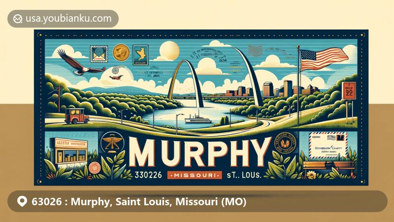 Modern illustration of Murphy, Saint Louis County, Missouri, showcasing tranquil suburban ambiance with lush greenery and parks, featuring Gateway Arch and postal elements for ZIP code 63026.