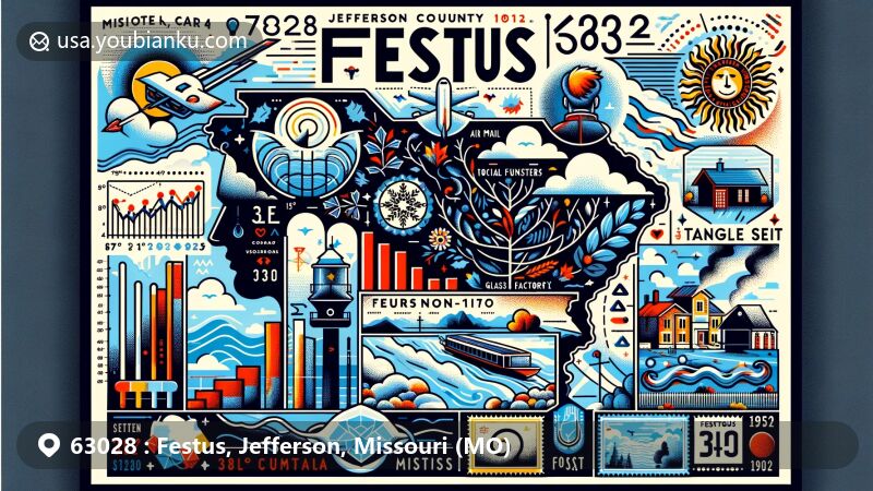 Modern illustration of Tanglefoot in Festus, Missouri, representing seasonal transitions and local history, with postal elements like airmail envelope and ZIP code 63028.