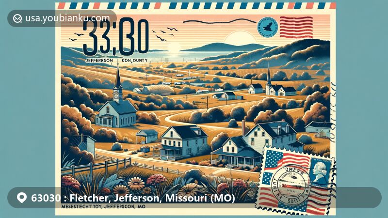 Artistic representation of Fletcher, Jefferson County, Missouri, capturing rural tranquility with rolling hills, wooded areas, and Missouri state flag, integrating postal theme with vintage postcard layout and ZIP code 63030.