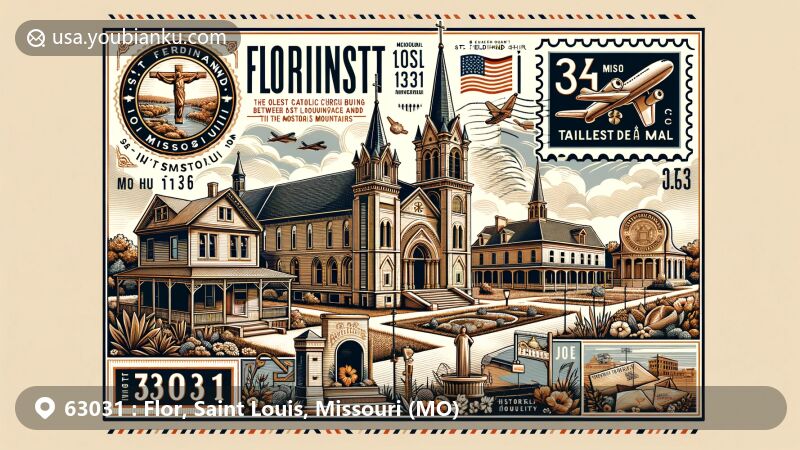 Modern illustration of Florissant, Saint Louis County, Missouri, showcasing postal theme with ZIP code 63031, featuring historic landmarks like Old St. Ferdinand Shrine and Taille de Noyer, along with vintage air mail elements and Missouri state flag postage stamp.