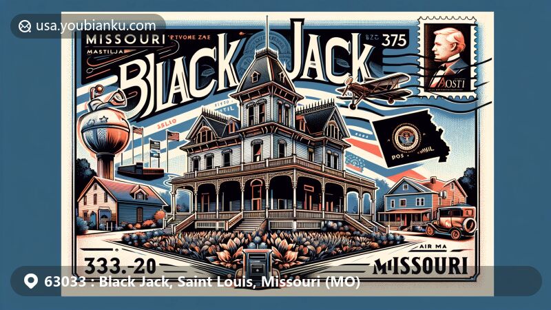 Modern illustration of Black Jack, Saint Louis County, Missouri, highlighting postal theme with ZIP code 63033, showcasing Clausmeyer House, Missouri silhouette, and state flag.