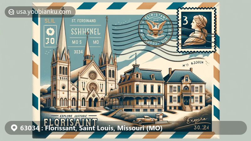 Artistic portrayal of Florissant, Missouri, showcasing airmail envelope surrounded by Old St. Ferdinand Shrine, Taille De Noyer, and John B. Myers House. Detailed designs on aged texture evoke sense of history.
