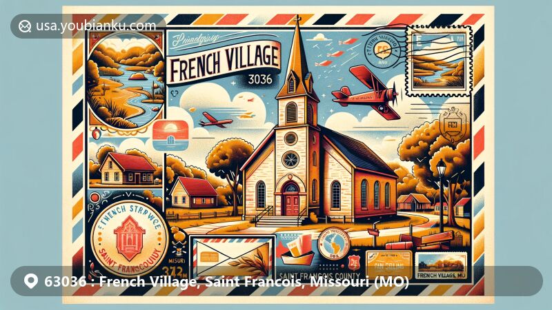 Modern illustration of French Village, Saint Francois County, Missouri, featuring St. Anne Catholic Church, natural beauty, and a postal theme with vintage airmail envelope and postage stamp.