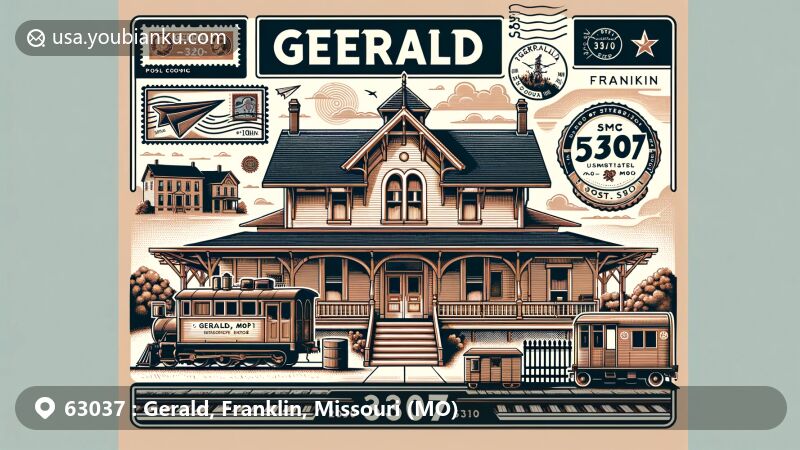 Modern illustration of Gerald, Franklin County, Missouri, highlighting postal theme with ZIP code 63037, showcasing historic Gerald Depot and 1910 School House, including vintage postal stamp, envelope, and postmark.