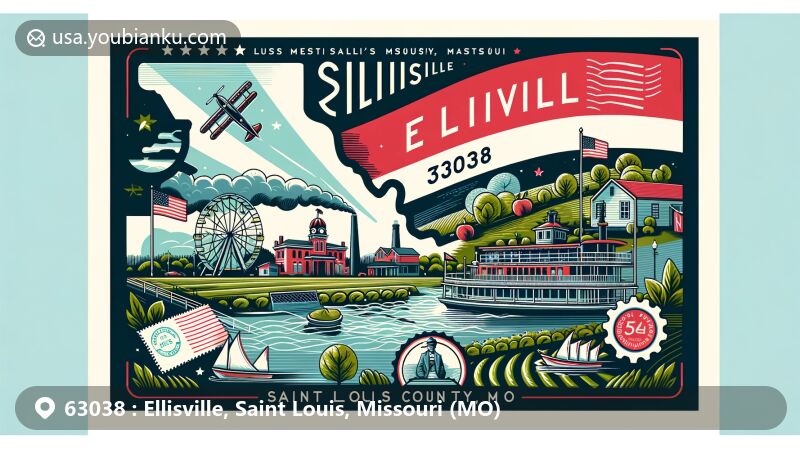 Modern illustration of Ellisville, Saint Louis County, Missouri, reflecting postal theme with ZIP code 63038, featuring Missouri state flag and county outline, highlighting steamboats, orchards, and postal elements.