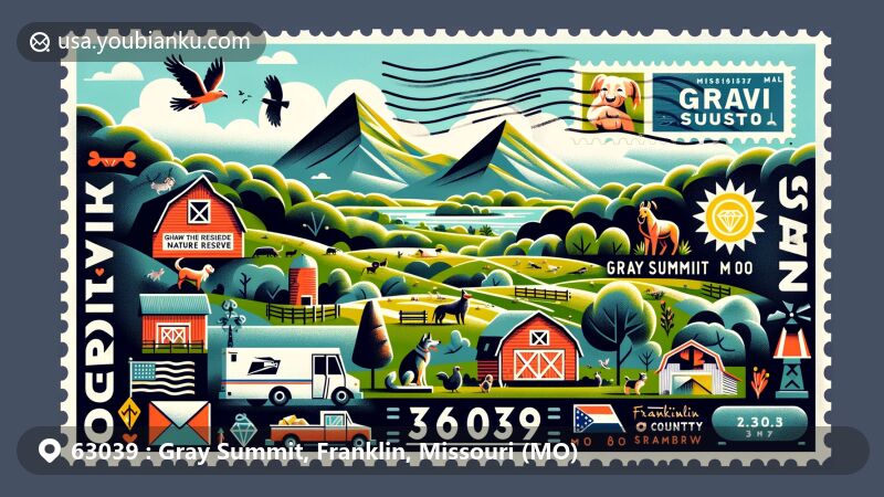 Modern illustration of Gray Summit, Missouri, showcasing local attractions like Shaw Nature Reserve and Purina Farms, integrated with postal theme featuring a postage stamp, postal truck, and ZIP code 63039.