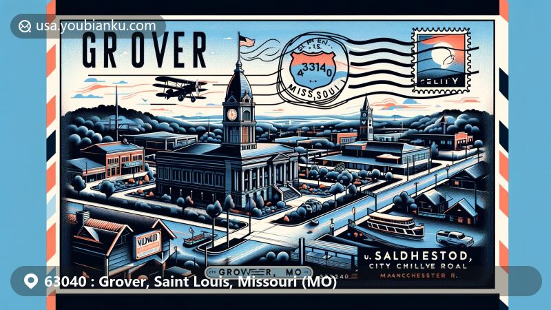Modern illustration of Grover area in Wildwood, Missouri, featuring key landmark like Wildwood City Hall on Manchester Road within an airmail envelope outline, symbolizing postal theme. Missouri state flag subtly waving in background, blending into sky, representing state identity. Icon of U.S. Route 66 included to highlight region's historical connection with the iconic highway. Stamp design showcasing a prominent building in Grover, celebrating architectural heritage. Postmark reads 'Grover, MO 63040' with a fictional 'postmark date,' paying homage to postal essence. Vibrant color scheme and modern illustration techniques make elements stand out against the postcard background.
