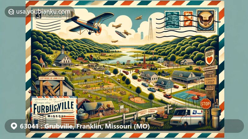 Modern illustration of Grubville, Missouri, featuring postal theme, showcasing town's landscape, community spirit, and outdoor recreational areas near St. Louis, with family-friendly amenities and natural beauty.