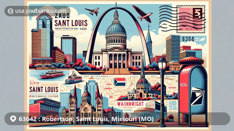 Vibrant illustration of Saint Louis, Missouri, blending modern style with postal motif, featuring Gateway Arch, Cathedral Basilica, Ulysses S. Grant National Historical Site, and Wainwright Building.