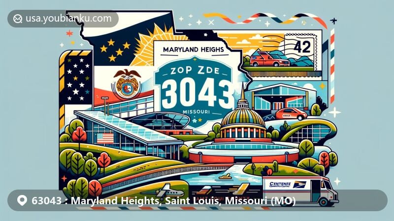 Modern illustration of Maryland Heights, Saint Louis County, Missouri, showcasing postal theme with ZIP code 63043, featuring a stylized map outline, Missouri state flag, Centene Community Ice Center, and postal elements.