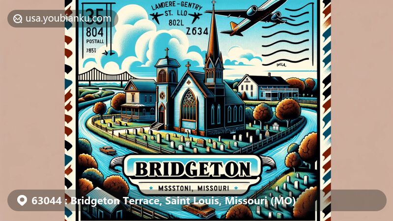 Modern illustration of Bridgeton, Missouri, highlighting historical and modern elements, including Old Fee Fee Baptist Church, Payne-Gentry House, Lambert-St. Louis International Airport, Missouri River, and symbolic postal theme.
