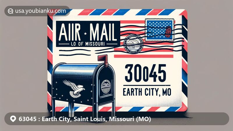 Modern illustration of Earth City, Missouri, featuring air mail envelope with '63045' and 'Earth City, MO', Missouri state flag, stamp with Missouri River outline, and American mailbox symbol.