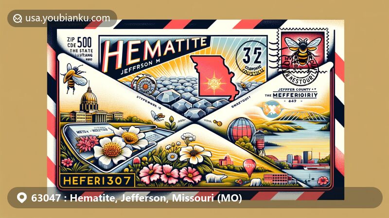 Modern wide-format illustration of Hematite, Jefferson County, Missouri, with a vintage air mail envelope showcasing key elements of the area and state, including hematite mineral deposits, Jefferson County outline, and Missouri state symbols.