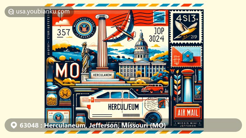 Modern illustration of Herculaneum, Jefferson County, Missouri, featuring postal theme with ZIP code 63048, showcasing local landmark and Missouri state flag elements.