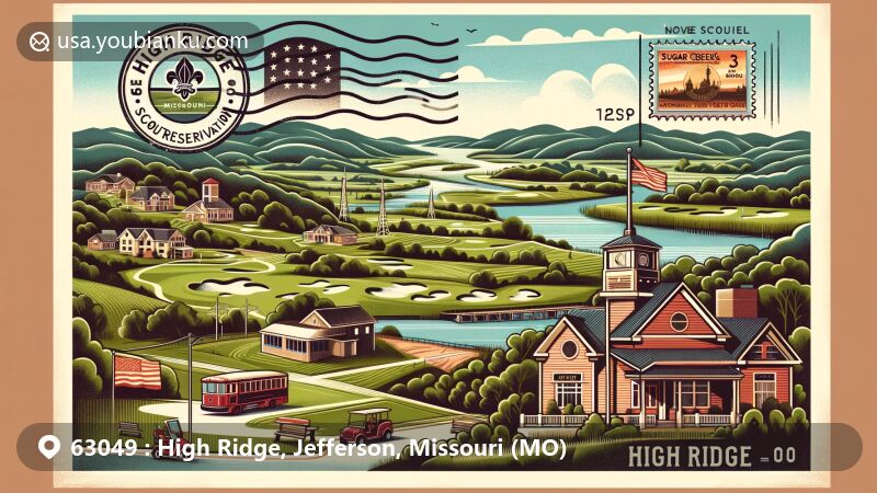 Modern illustration of High Ridge, Missouri, showcasing postal theme with ZIP code 63049, featuring Beaumont Scout Reservation, Sugar Creek Golf Course, and scenic hills.