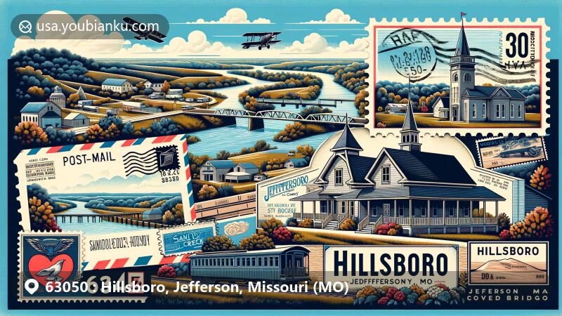 Modern illustration of Hillsboro, Missouri, Jefferson County, featuring postal theme with ZIP code 63050, showcasing rural charm, historical landmarks like Thomas C Fletcher House and Sandy Creek Covered Bridge, and Jefferson College exterior.