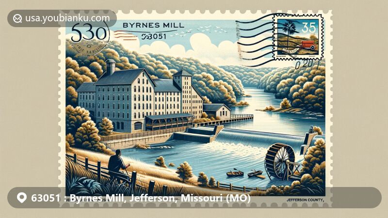 Modern illustration of Byrnes Mill, Jefferson County, Missouri, capturing the essence of ZIP code 63051 with scenic Big River, historic mill ruins, and lush City Park, framed in postal theme with Missouri state flag and local heritage symbols.