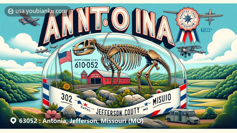Modern wide-format illustration of Antonia, Jefferson County, Missouri, featuring airmail envelope theme with Mastodon State Historic Site, mastodon skeleton, Missouri state symbols, including flag and dogwood flower. Background includes scenic landscapes and Sandy Creek Covered Bridge.